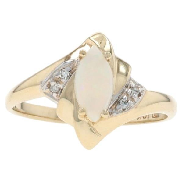 Yellow Gold Opal Diamond Bypass Ring - 10k Marquise Cabochon .38ctw For Sale