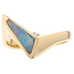 Yellow Gold Opal Diamond Bypass Ring - 14k Inlay Geometric