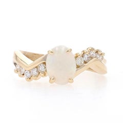 Yellow Gold Opal & Diamond Bypass Ring - 14k Oval Cabochon 1.35ctw Zig Zag