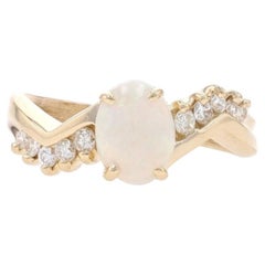 Yellow Gold Opal & Diamond Bypass Ring - 14k Oval Cabochon 1.35ctw Zig Zag