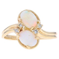 Yellow Gold Opal Diamond Bypass Ring - 14k Oval Cabochon .74ctw Two-Stone