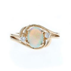 Yellow Gold Opal Diamond Bypass Ring 14k Oval Cabochon .80ctw
