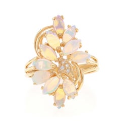 Gelbgold Opal Diamant Cluster Cocktail-Ring - 14k Marquise Cab 1,57 Karat geblümt
