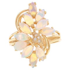 Yellow Gold Opal Diamond Cluster Cocktail Ring - 14k Marquise Cab 1.57ctw Floral