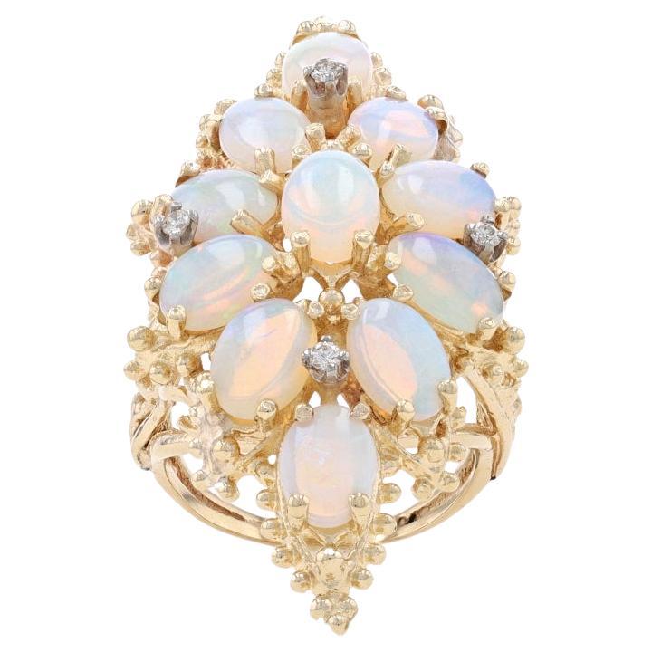 Yellow Gold Opal & Diamond Cluster Cocktail Ring 14k Ovl Cabochon 6.88ctw Flower For Sale