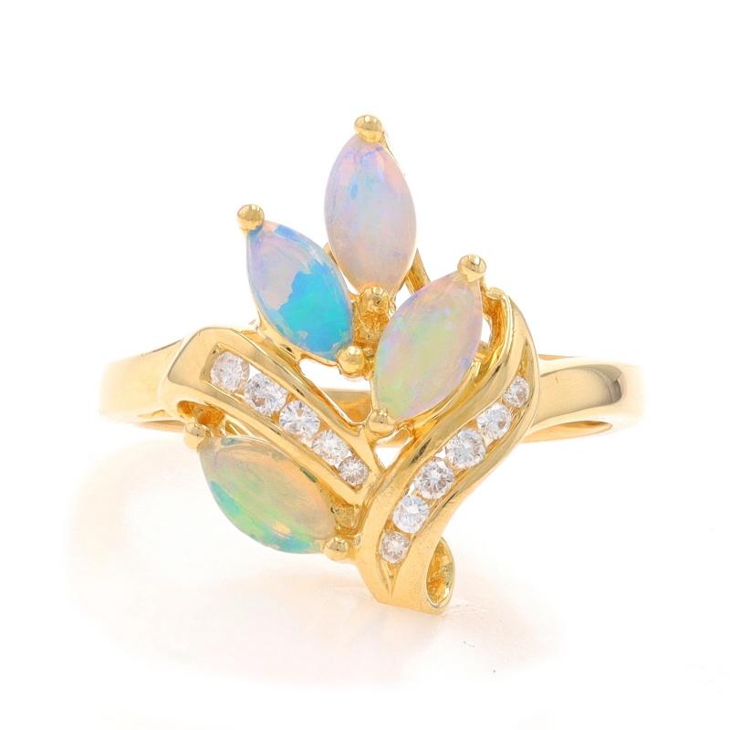Size: 5
Sizing Fee: Up 2 sizes for $50 or Down 1 size for $40

Metal Content: 18k Yellow Gold

Stone Information

Natural Opals
Carat(s): .40ctw
Cut: Marquise Cabochon

Natural Diamonds
Carat(s): .12ctw
Cut: Round Brilliant
Color: G - H
Clarity: VS1