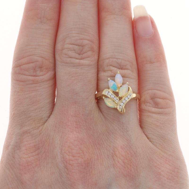 Marquise Cut Yellow Gold Opal Diamond Cluster Cocktail Ring - 18k Marquise Cabochon .52ctw For Sale