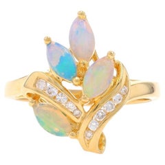 Yellow Gold Opal Diamond Cluster Cocktail Ring - 18k Marquise Cabochon .52ctw