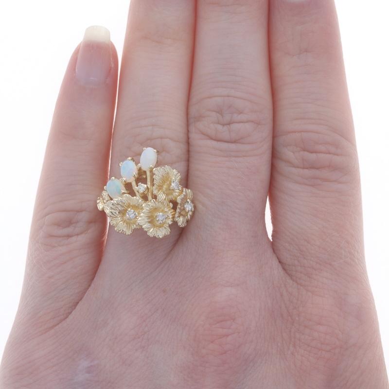 Round Cut Yellow Gold Opal Diamond Cluster Ring 14k OvalCabochon.52ctw Flowers Three-Stone For Sale