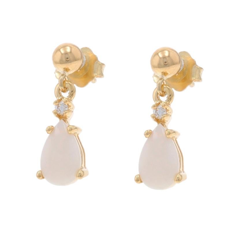 Pear Cut Yellow Gold Opal Diamond Dangle Earrings - 14k Pear Cabochon .82ctw Pierced For Sale