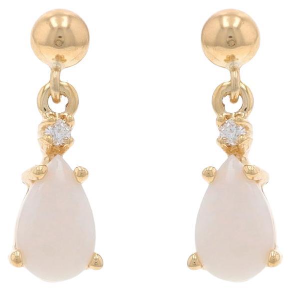 Yellow Gold Opal Diamond Dangle Earrings - 14k Pear Cabochon .82ctw Pierced