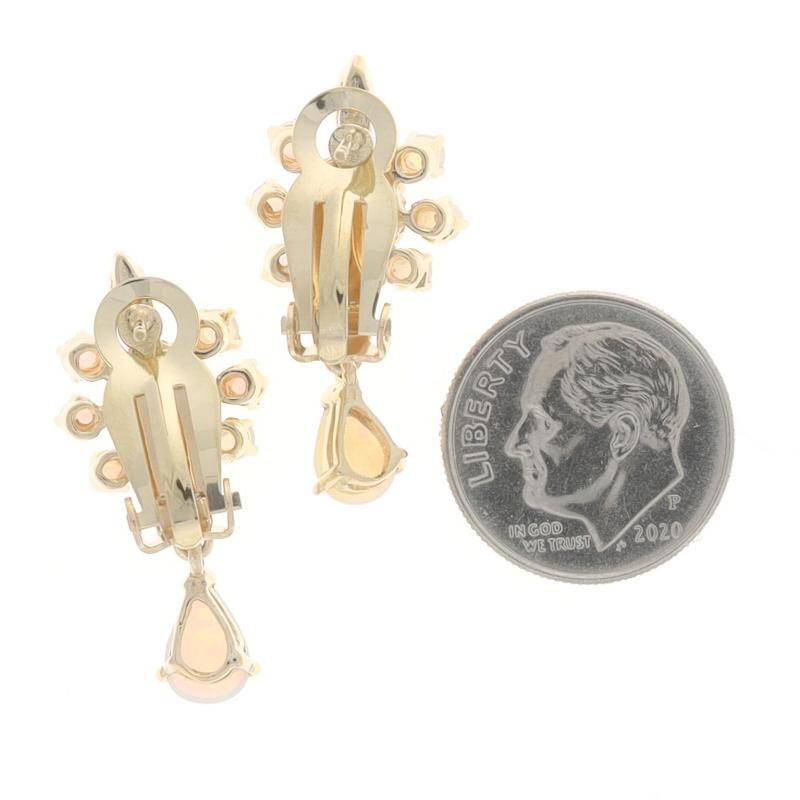 Yellow Gold Opal Diamond Dangle Earrings 14k Rnd & Pear Cabochon 1.62ctw Pierced For Sale 1