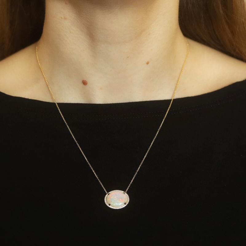 Oval Cut Yellow Gold Opal & Diamond Halo Necklace 14k Oval Cab 3.84ctw East-West Adjust For Sale