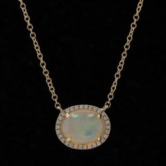 Yellow Gold Opal & Diamond Halo Necklace - 14k Oval Cabochon 1.09ctw Adjustable