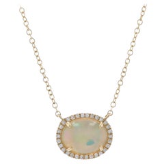 Yellow Gold Opal 
Diamond Halo Necklace, 14k Oval Cabochon 1.09ctw Adjustable