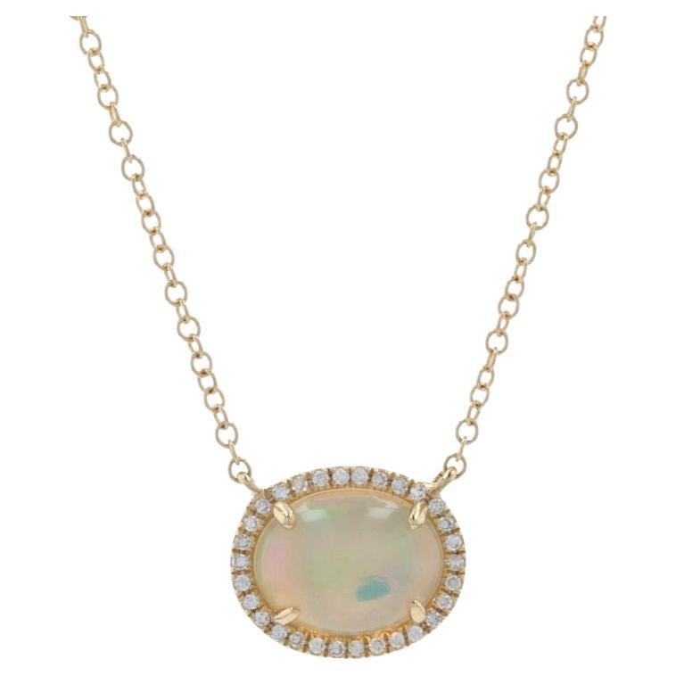 Yellow Gold Opal & Diamond Halo Necklace - 14k Oval Cabochon 1.09ctw Adjustable For Sale