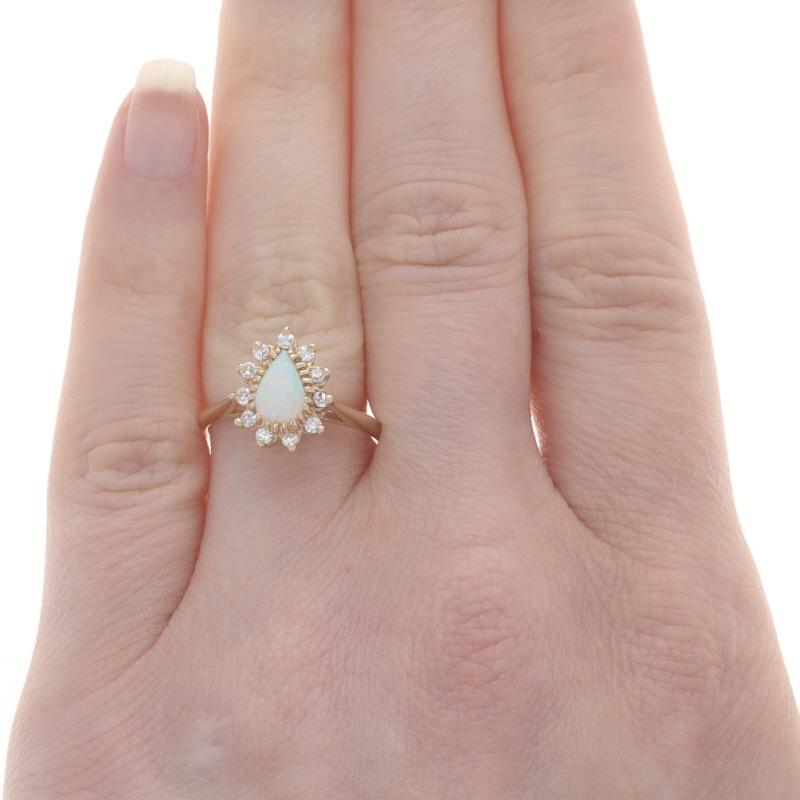 Pear Cut Yellow Gold Opal Diamond Halo Ring - 10k Pear Cabochon .60ctw For Sale