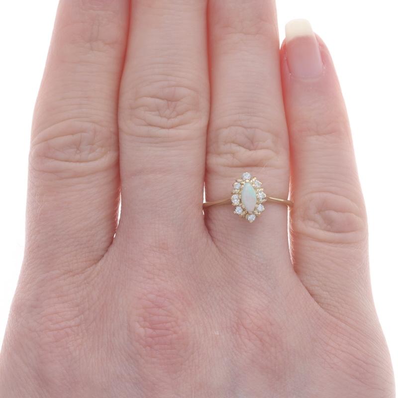 Marquise Cut Yellow Gold Opal & Diamond Halo Ring - 14k Marquise Cabochon .33ctw For Sale