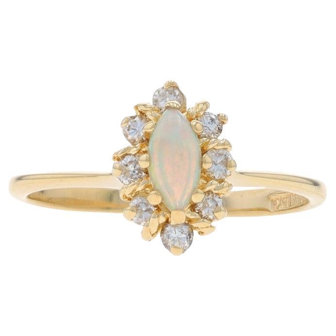 Yellow Gold Opal & Diamond Halo Ring - 14k Marquise Cabochon .33ctw For Sale