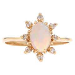 Yellow Gold Opal Diamond Halo Ring - 14k Oval Cabochon .48ctw Floral