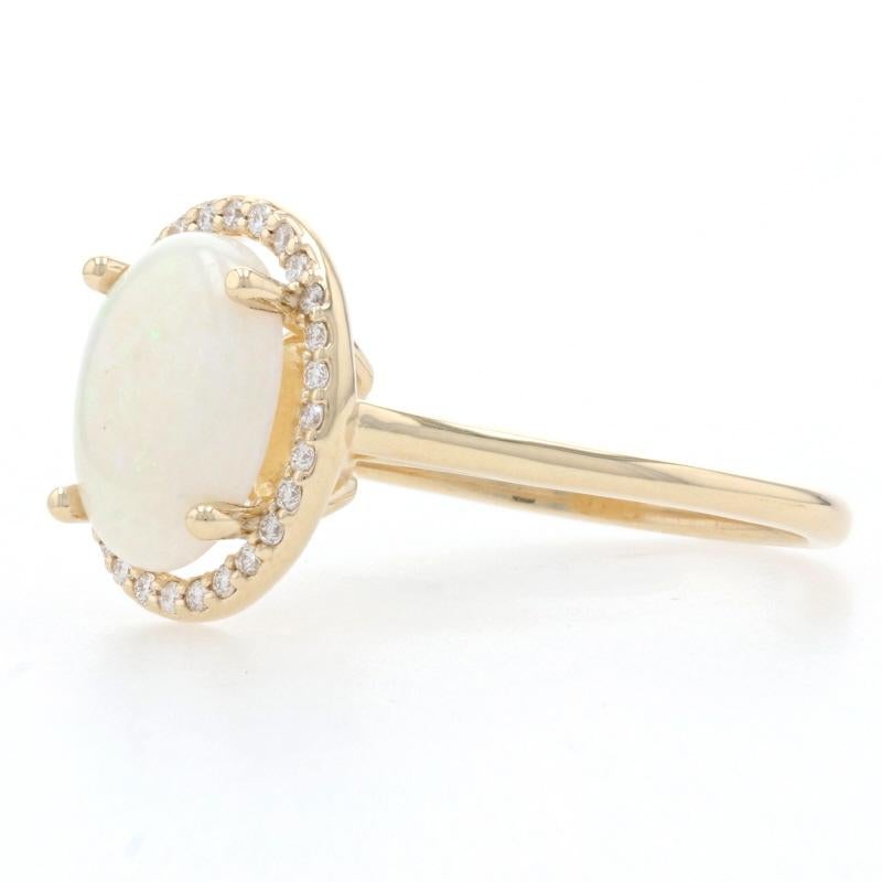 Oval Cut Yellow Gold Opal & Diamond Halo Ring, 14k Oval Cabochon Cut 1.77ctw For Sale
