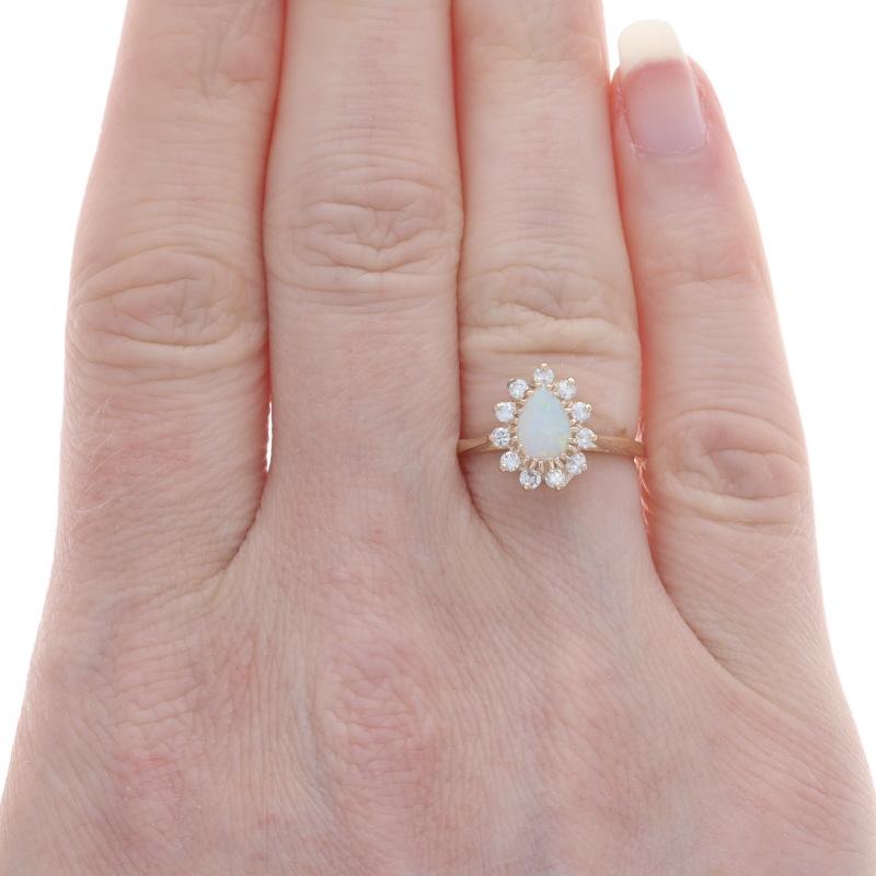 Pear Cut Yellow Gold Opal Diamond Halo Ring - 14k Pear Cabochon .50ctw Cathedral For Sale