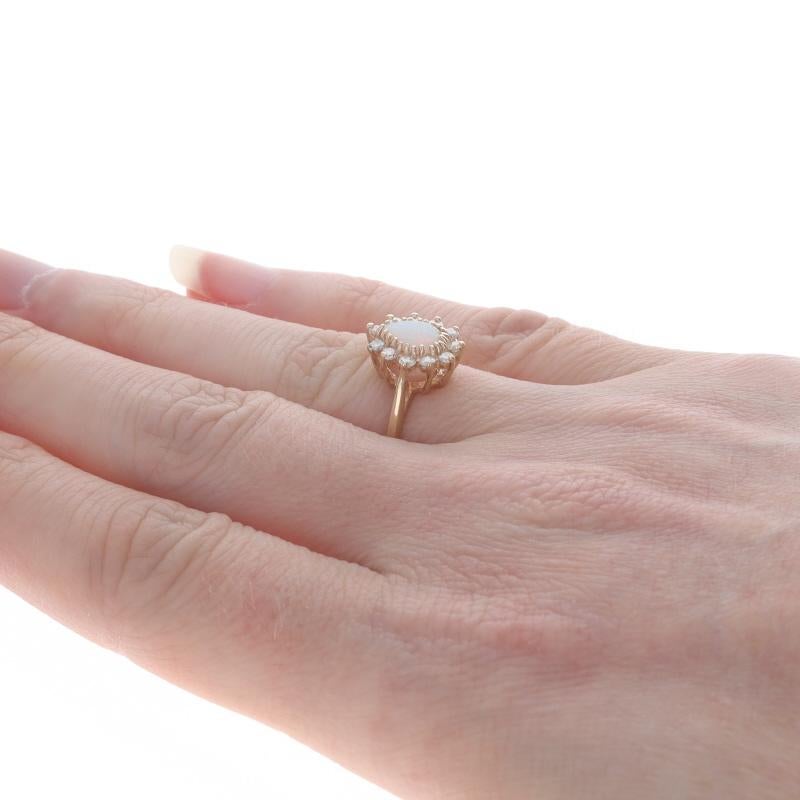 Women's or Men's Yellow Gold Opal Diamond Halo Ring - 14k Pear Cabochon .50ctw Cathedral For Sale