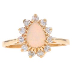 Yellow Gold Opal Diamond Halo Ring - 14k Pear Cabochon .50ctw Cathedral