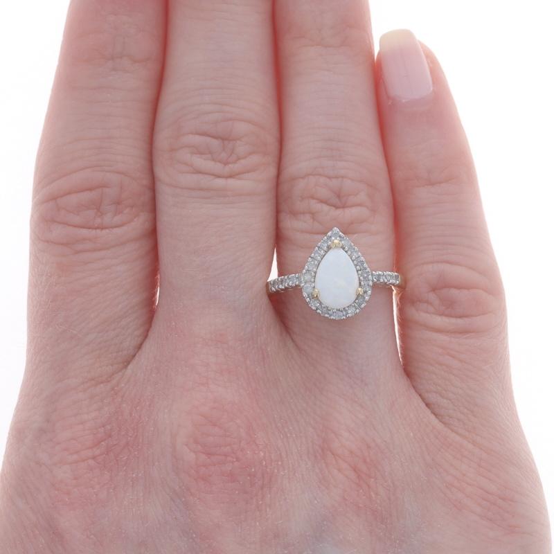 Pear Cut Yellow Gold Opal Diamond Halo Ring - 14k Pear Cabochon .78ctw For Sale