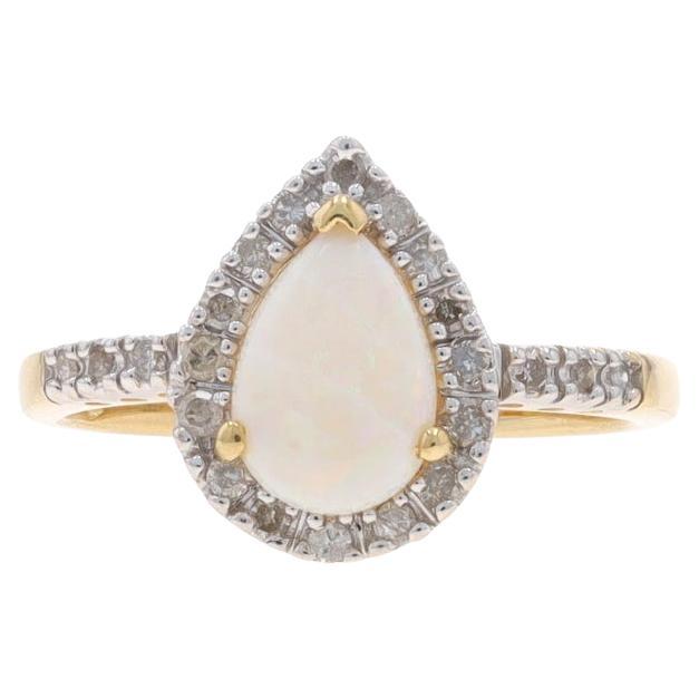 Yellow Gold Opal Diamond Halo Ring - 14k Pear Cabochon .78ctw For Sale