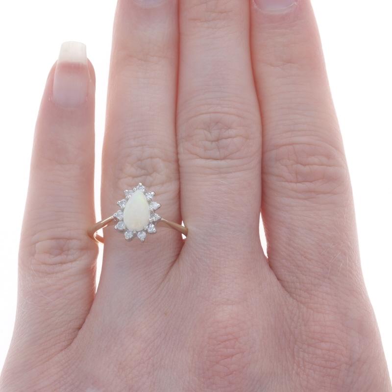 Pear Cut Yellow Gold Opal & Diamond Halo Ring - 14k Pear Cabochon .83ctw For Sale