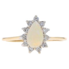 Yellow Gold Opal & Diamond Halo Ring - 14k Pear Cabochon .83ctw