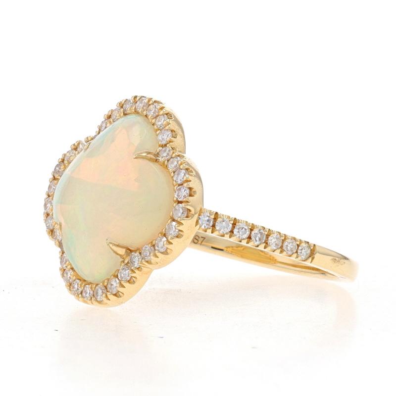 Yellow Gold Opal & Diamond Halo Ring -14k Quatrefoil Cab 2.03ctw Flower Sz 7 1/4 In New Condition For Sale In Greensboro, NC
