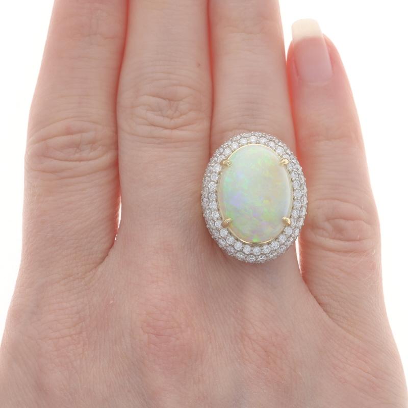 Oval Cut Yellow Gold Opal & Diamond Halo Ring - 18k Oval Cabochon 10.13ctw For Sale