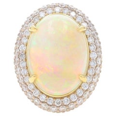 Yellow Gold Opal & Diamond Halo Ring - 18k Oval Cabochon 10.13ctw