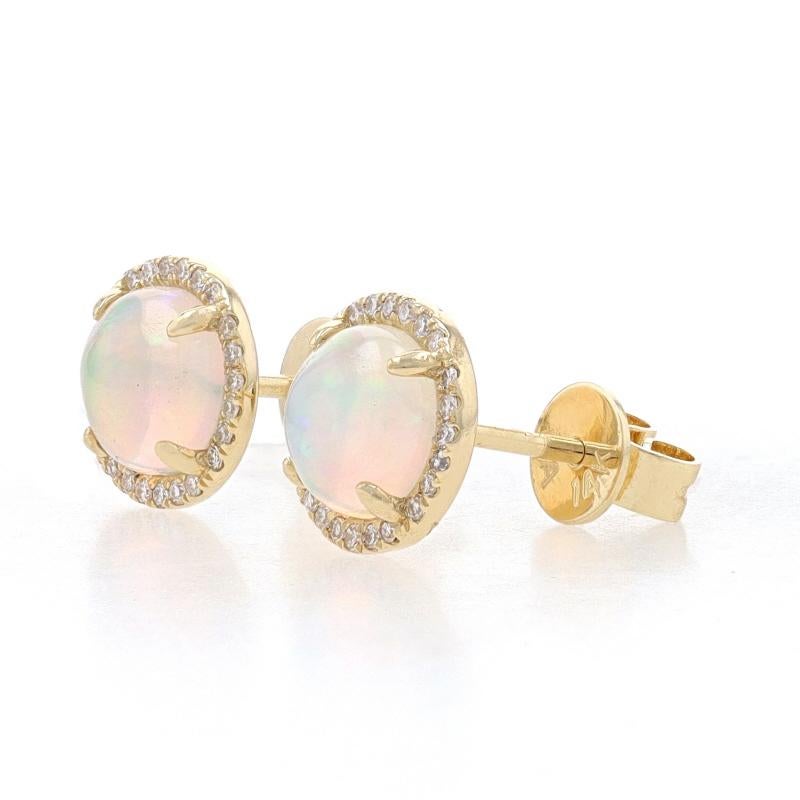 Round Cut Yellow Gold Opal & Diamond Halo Stud Earrings 14k Round Cabochon 1.06ctw Pierced For Sale