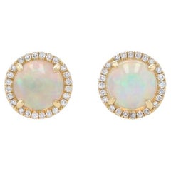 Yellow Gold Opal & Diamond Halo Stud Earrings 14k Round Cabochon 1.06ctw Pierced
