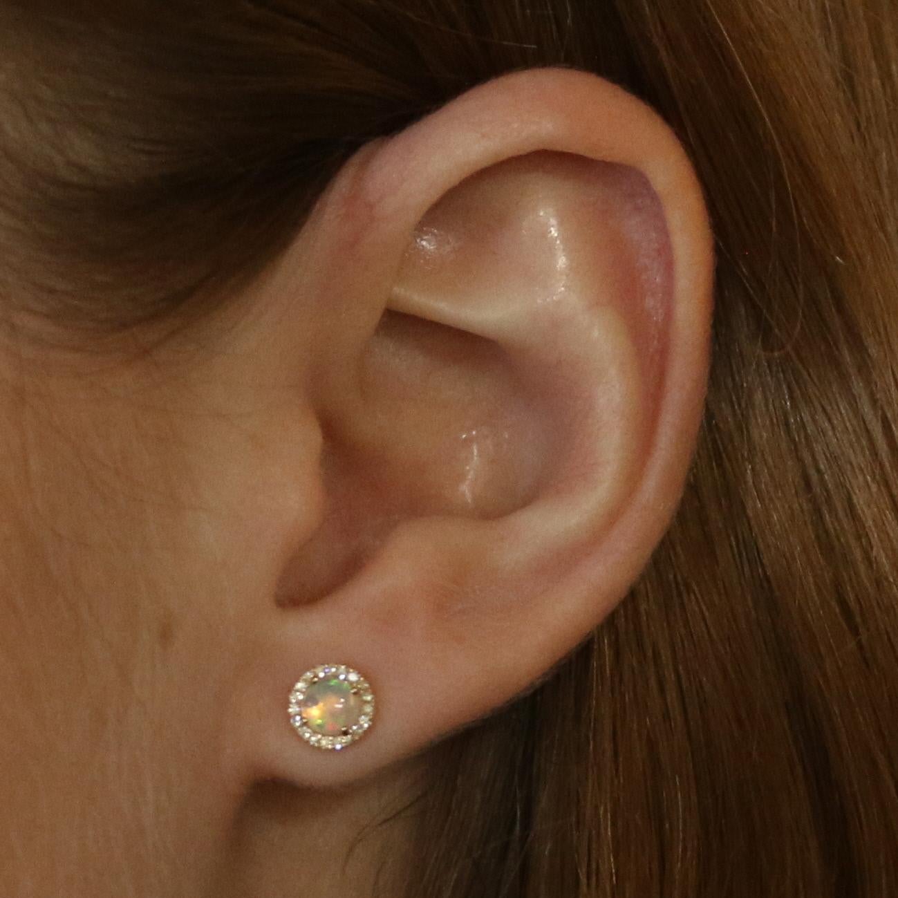 Round Cut Yellow Gold Opal & Diamond Halo Stud Earrings, 14k Round Cabochon .48ctw Pierced