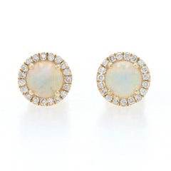 Yellow Gold Opal & Diamond Halo Stud Earrings -14k Round Cabochon .48ctw Pierced