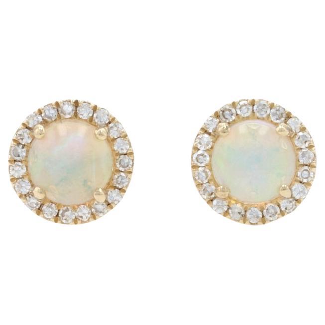 Boucles d
oreilles or jaune opale et diamant -14k Cabochon rond .48ctw Pierce