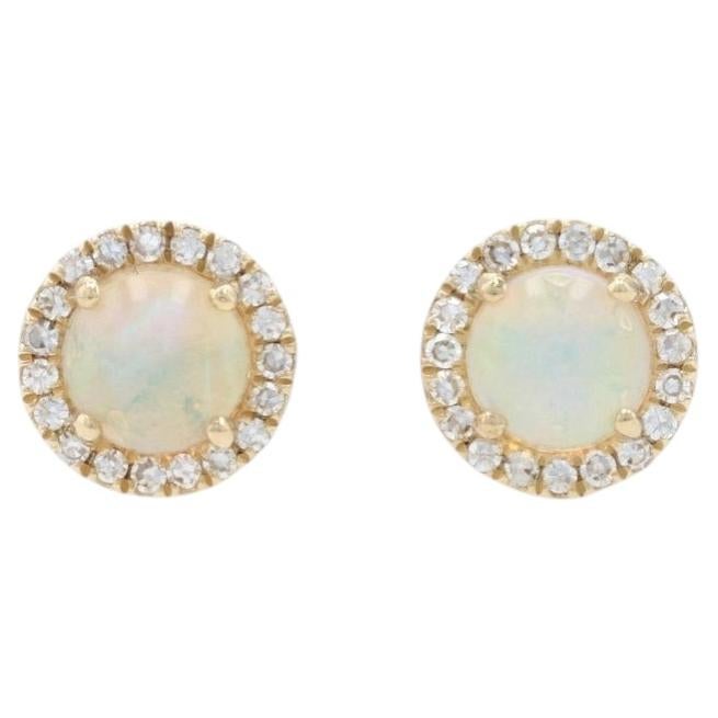 Yellow Gold Opal & Diamond Halo Stud Earrings -14k Round Cabochon .48ctw Pierced