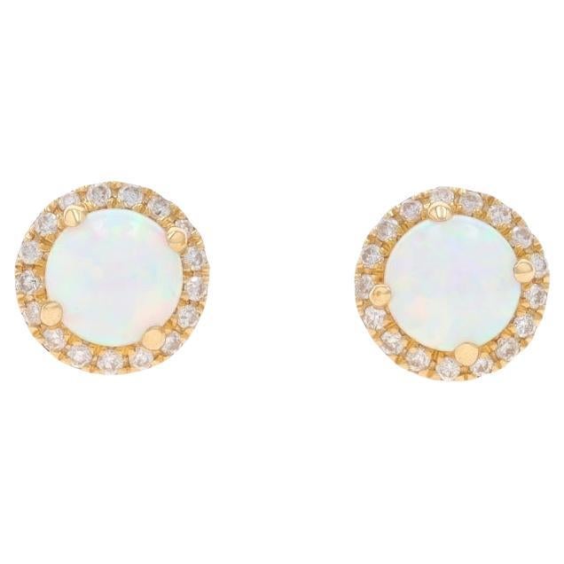 Yellow Gold Opal Diamond Halo Stud Earrings - 14k Round Cabochon .85ctw Pierced