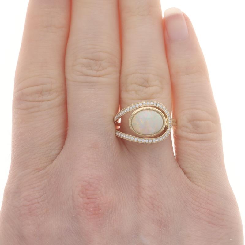 Oval Cut Yellow Gold Opal Diamond Loop Ring - 14k Oval Cabochon 2.09ctw Milgrain For Sale