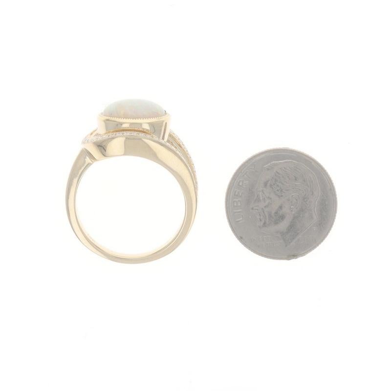 Yellow Gold Opal Diamond Loop Ring - 14k Oval Cabochon 2.09ctw Milgrain For Sale 1