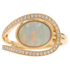 Yellow Gold Opal Diamond Loop Ring - 14k Oval Cabochon 2.09ctw Milgrain