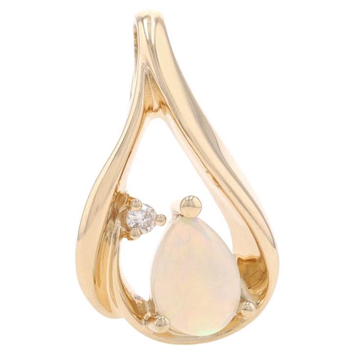 Yellow Gold Opal & Diamond Pendant - 14k Pear Cabochon .47ctw Teardrop For Sale