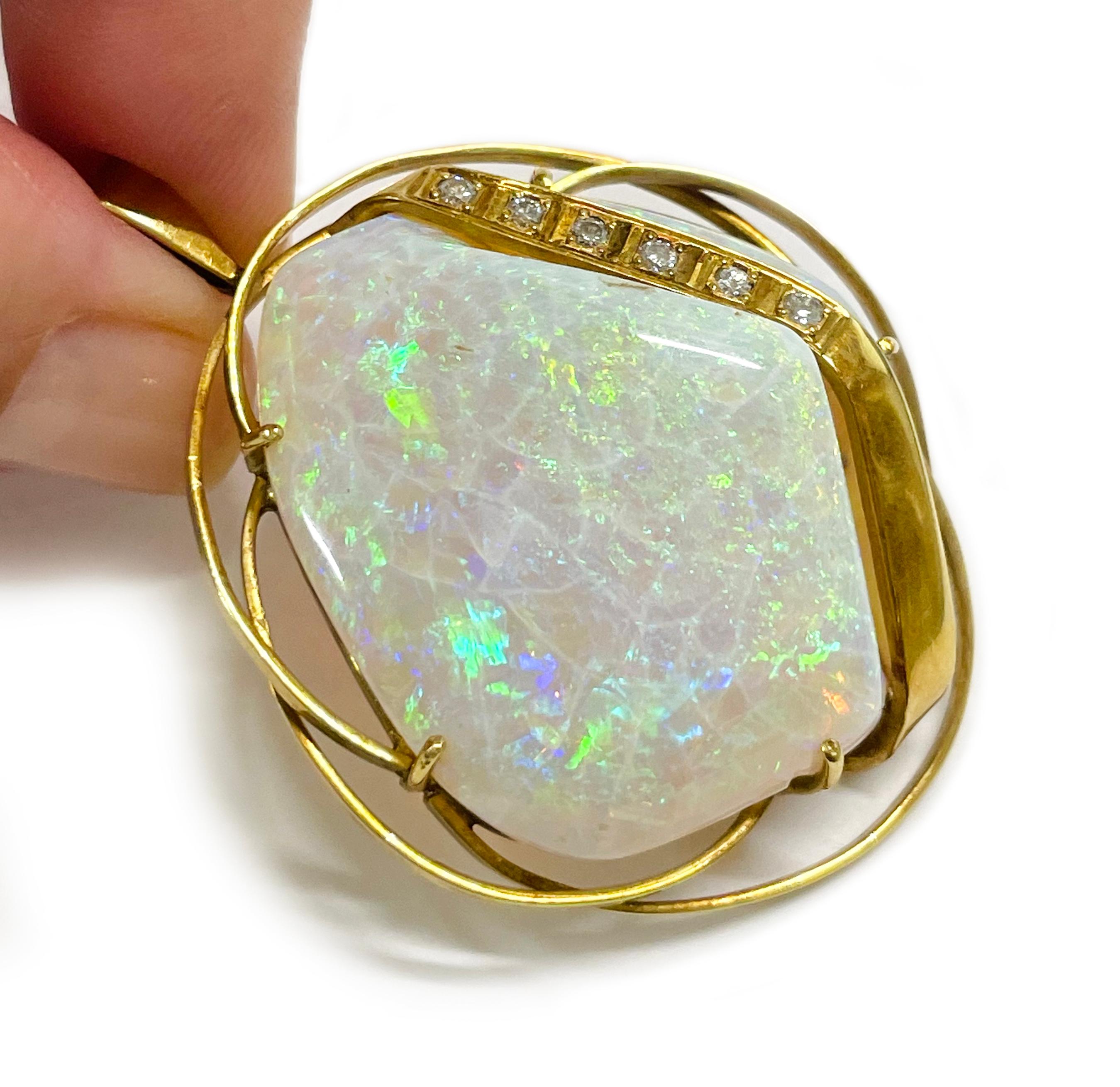 Retro Yellow Gold Opal Diamond Pendant For Sale