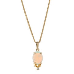 Yellow Gold Opal & Diamond Pendant Necklace 15 3/4" - 9k & 14k Oval Cab 1.55ctw