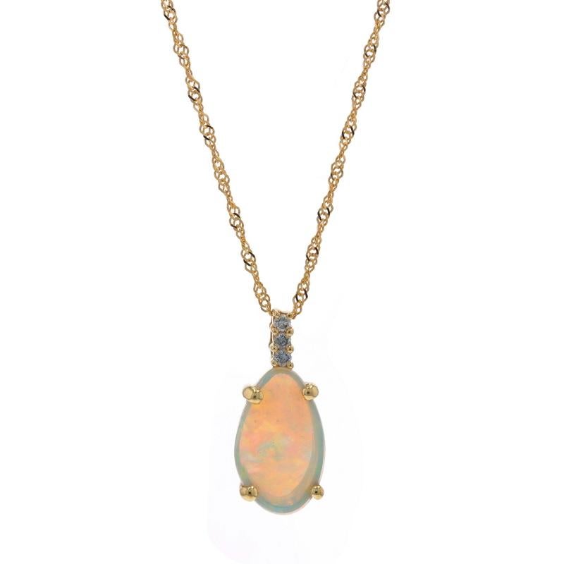 Metal Content: 14k Yellow Gold

Stone Information

Natural Opal
Carat(s): 1.20ct

Natural Diamonds
Carat(s): .03ctw
Cut: Round Brilliant
Color: F - G
Clarity: SI2 - I1

Total Carats: 1.23ctw

Style: Solitaire with Accents
Chain Style:
