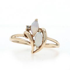 Yellow Gold Opal Diamond Ring - 10k Marquise Cabochon .31ctw Two-Stone
